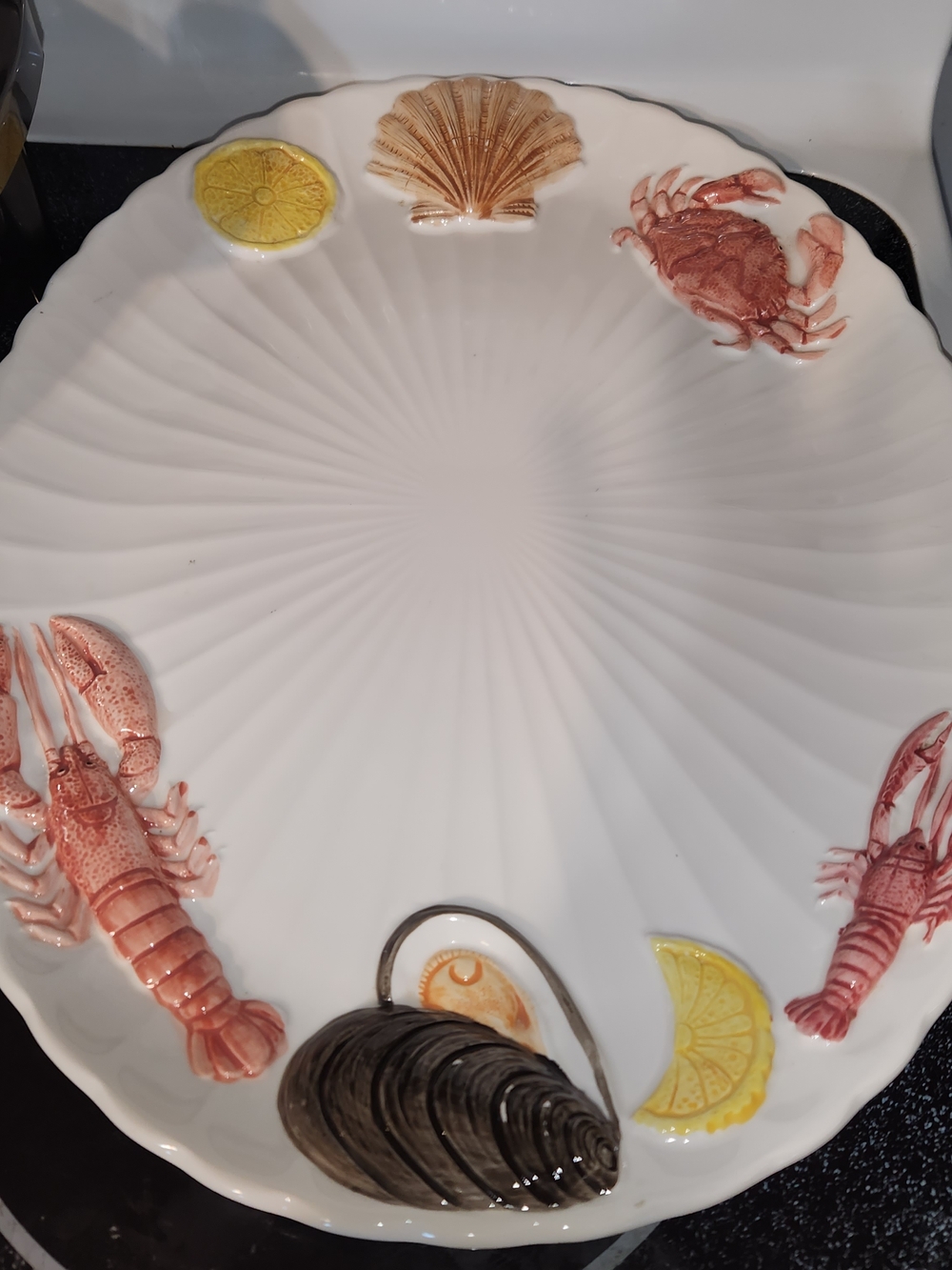 Seafood Motif Ceramic Serving Platter - White with Red & Yellow Accents